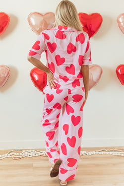 Ensemble pyjama pantalon à manches courtes rose coeur classique Saint-Valentin