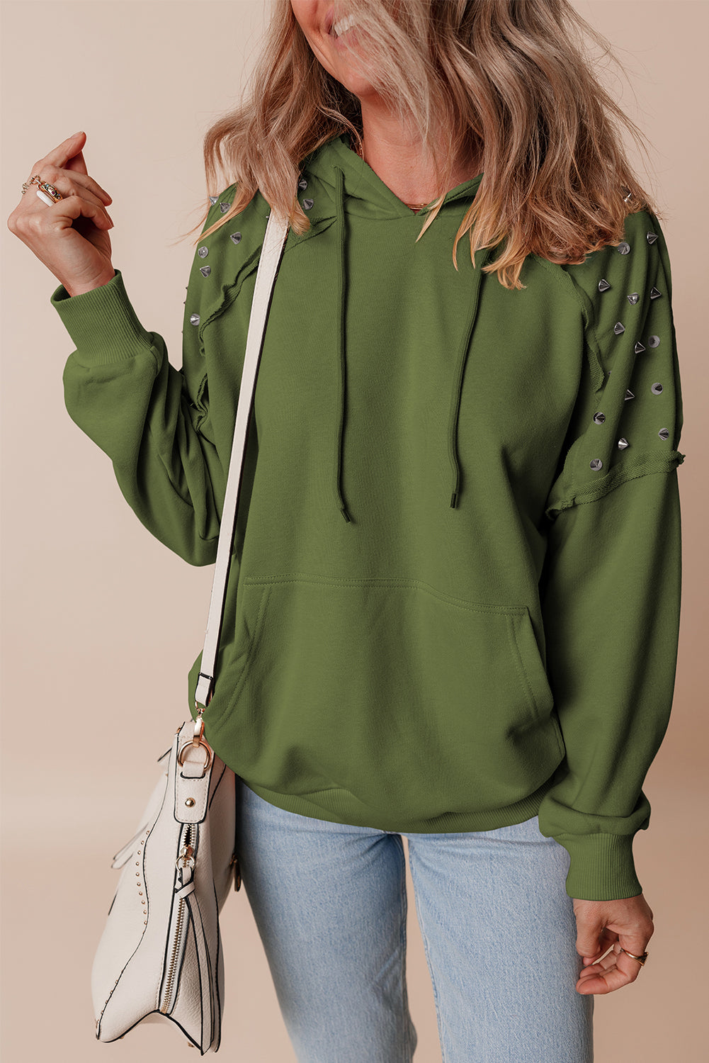 Vineyard Green Solid Color Rivets Raglan Sleeve Hoodie with Pocket