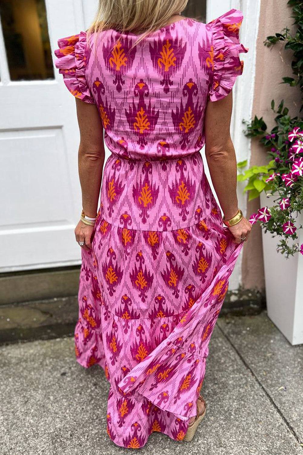 Bonbon Retro Stamping Twisted Front Front Sleeve Maxi Dress