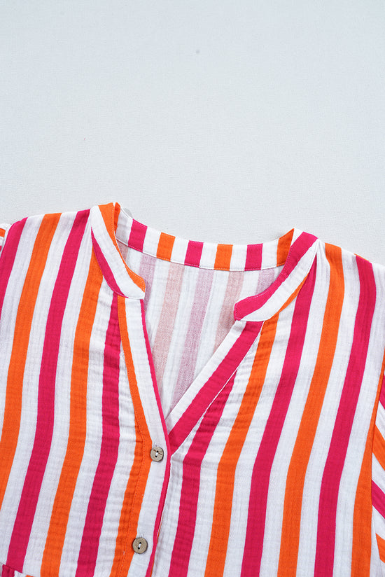 Orange striped blouse, balloon sleeves, notched v collar, buttoned on the front