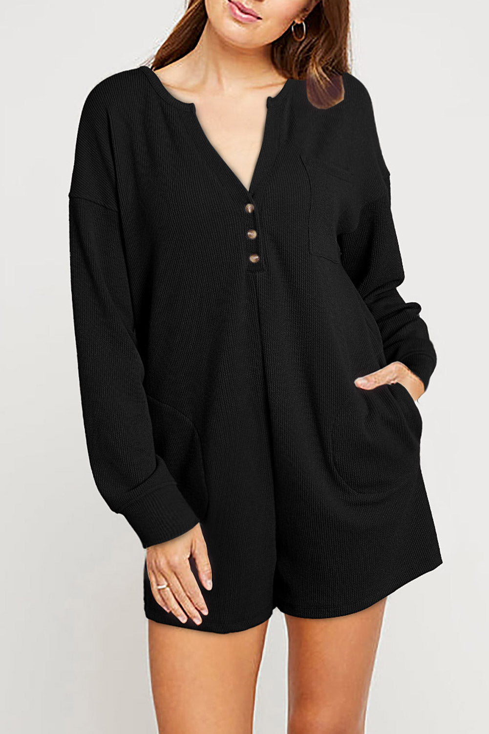 Black Brushed Long Sleeve V-Neck Split Ribbed Button Romper