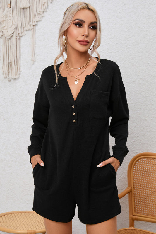 Black Brushed Long Sleeve V-Neck Split Ribbed Button Romper