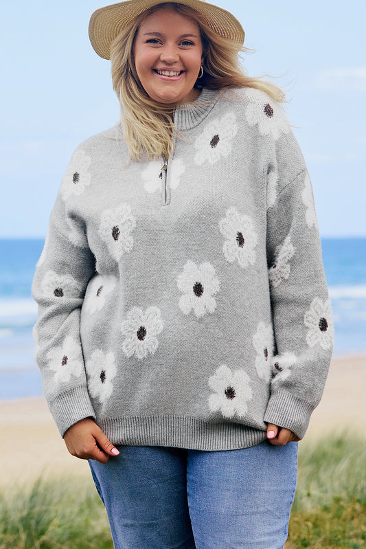 Plus Size Grey Floral Embroidered Half Zip Sweater