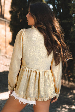 Golden babydoll blouse with ruffles and puffing sleeve collar *