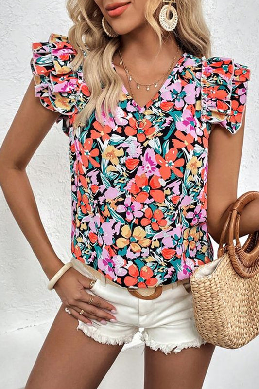 Blusa floral de manga con volantes con niveles multicolores