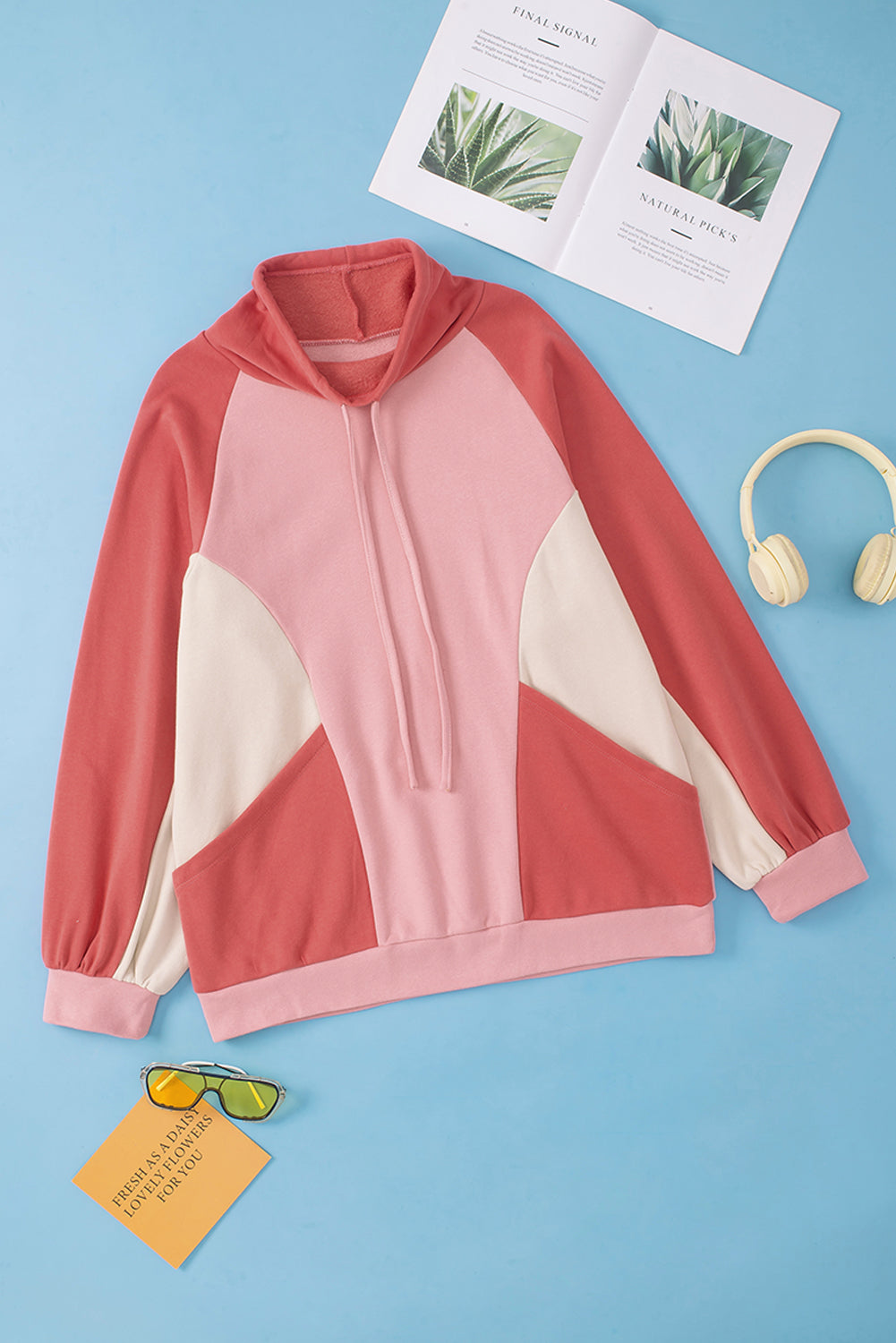 Sweat-shirt color block à poches rose avec cordon de serrage