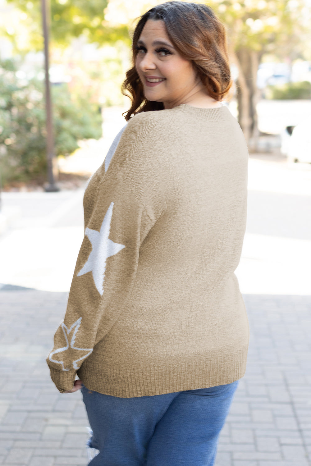 Khaki Star Patten Drop Should Plus Size Sweater