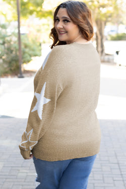 Plus Size Khaki Drop Shoulder Star Pattern Sweater