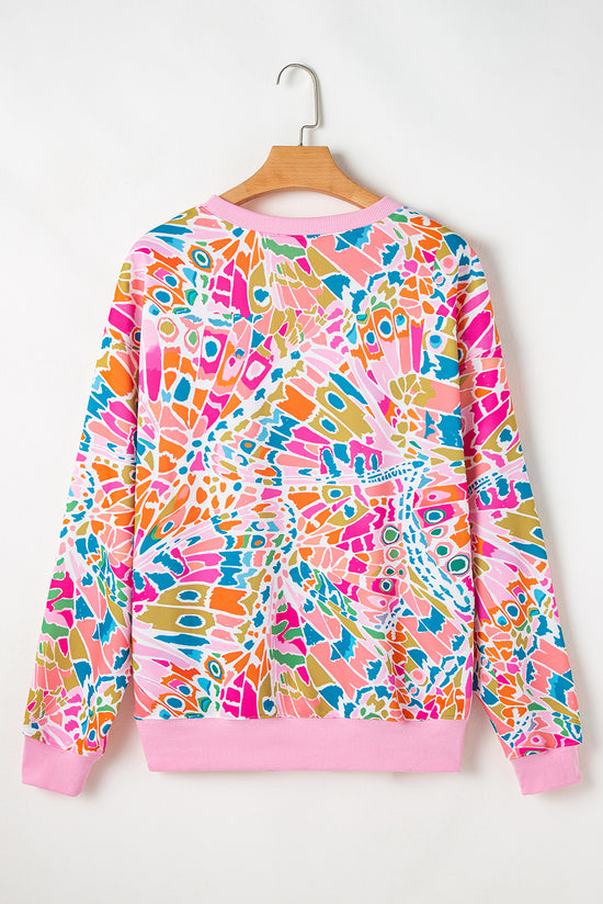 Pink Abstract Print Drop Shoulder Loose Sweatshirt