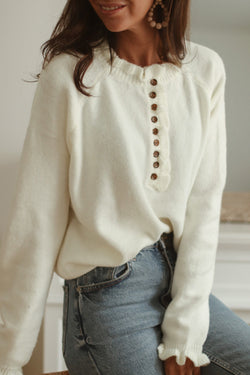 Beige Ruffled Buttoned Knit Sweater