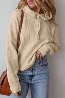 Pull beige à capuche avec cordon de serrage et épaules tombantes de couleur unie