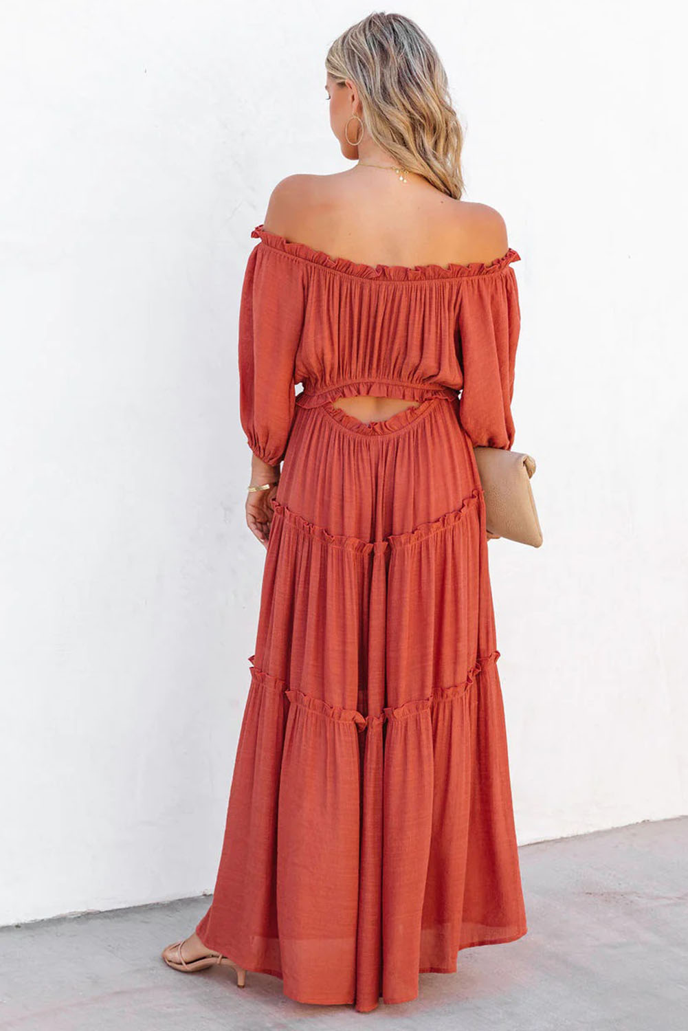 Orange Off Balloon Balloon Soueve Coupte Ruffled Maxi Robe