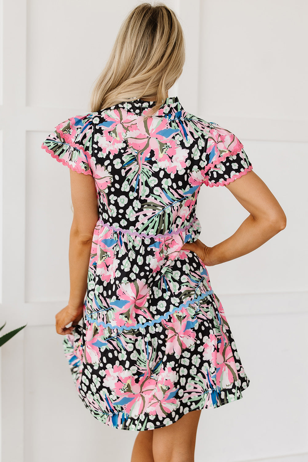 Ricrac Embellished Tiered Pink Floral Mini Dress