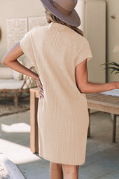 Short sleeve sweater dress with ribbed knitting with patch pocket and oatmeal