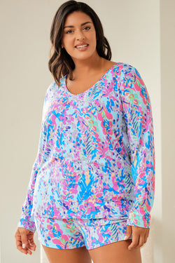 Plus Size Sky Blue Floral Print Long Sleeve Loungewear and Shorts