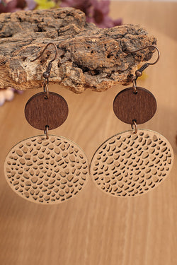 Boucles d'oreilles pendantes rondes en bois ajourées kaki