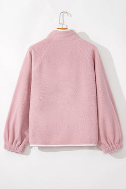 Fushia Plush Sweatshirt with Stand-Up Collar and Half-Button Zip Pocket