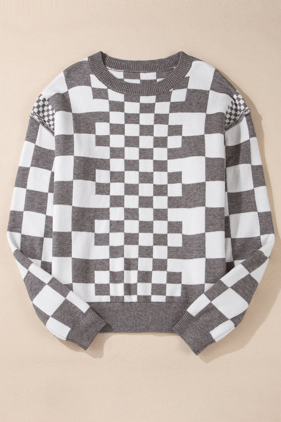 Gray sweater checkered and drooping shoulders, round neck