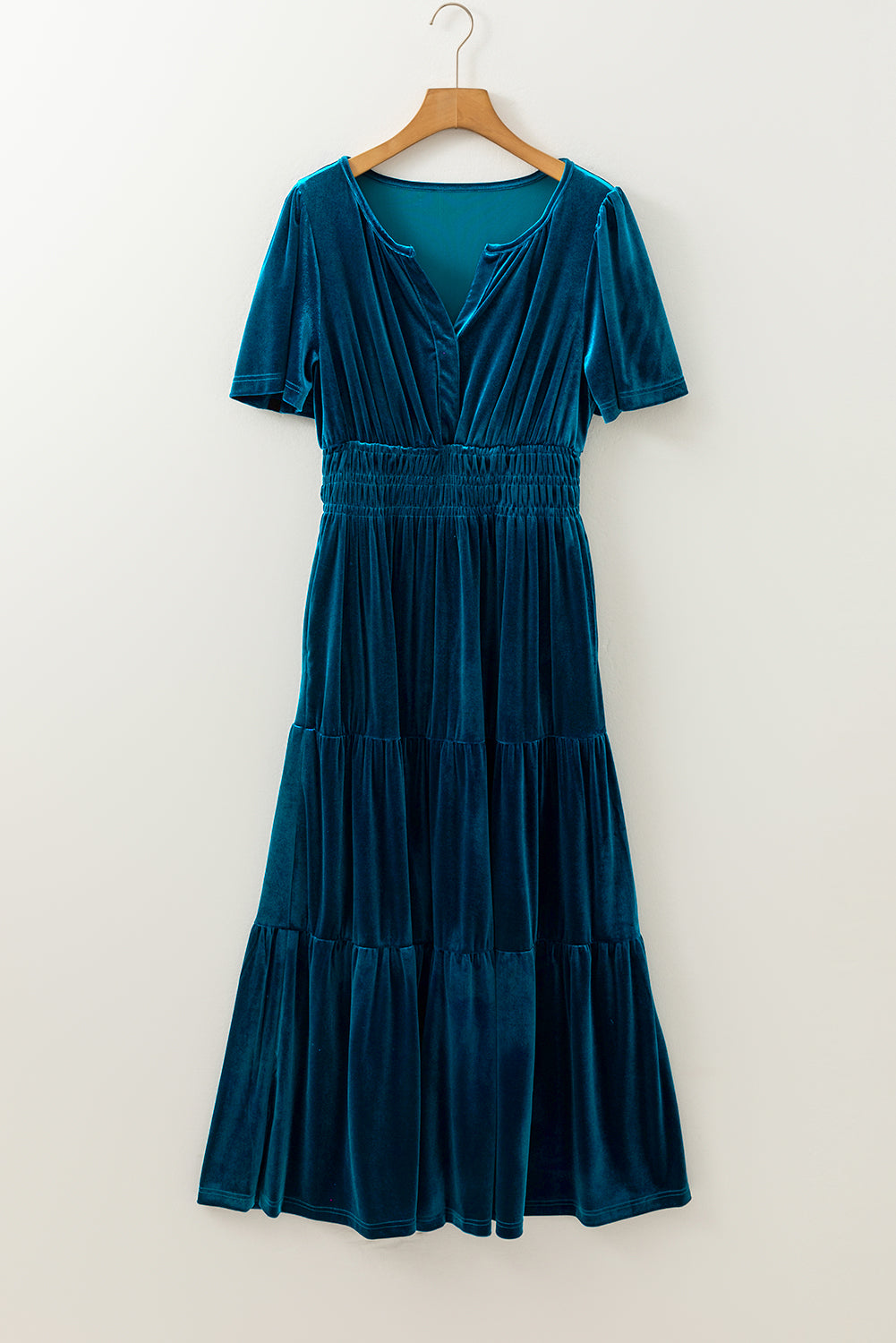 Prussian blue velvet maxi dress with short sleeves and tiered gathered waist