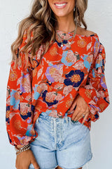 Chemisier à manches bouffantes et à volants imprimé floral rouge vif-A WOMAN WE LOVE