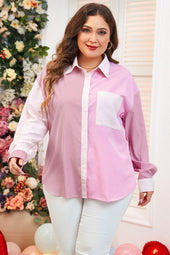 Plus Size Pink Striped Color Block Shirt