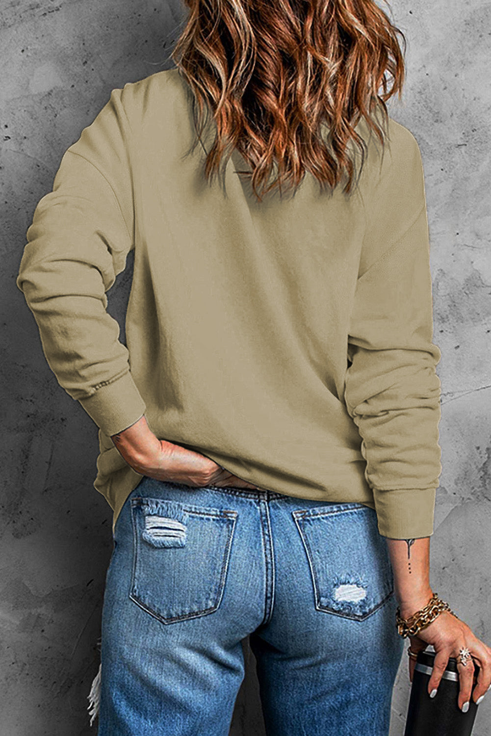 Khaki Plain Crew Neck Pullover Felpa