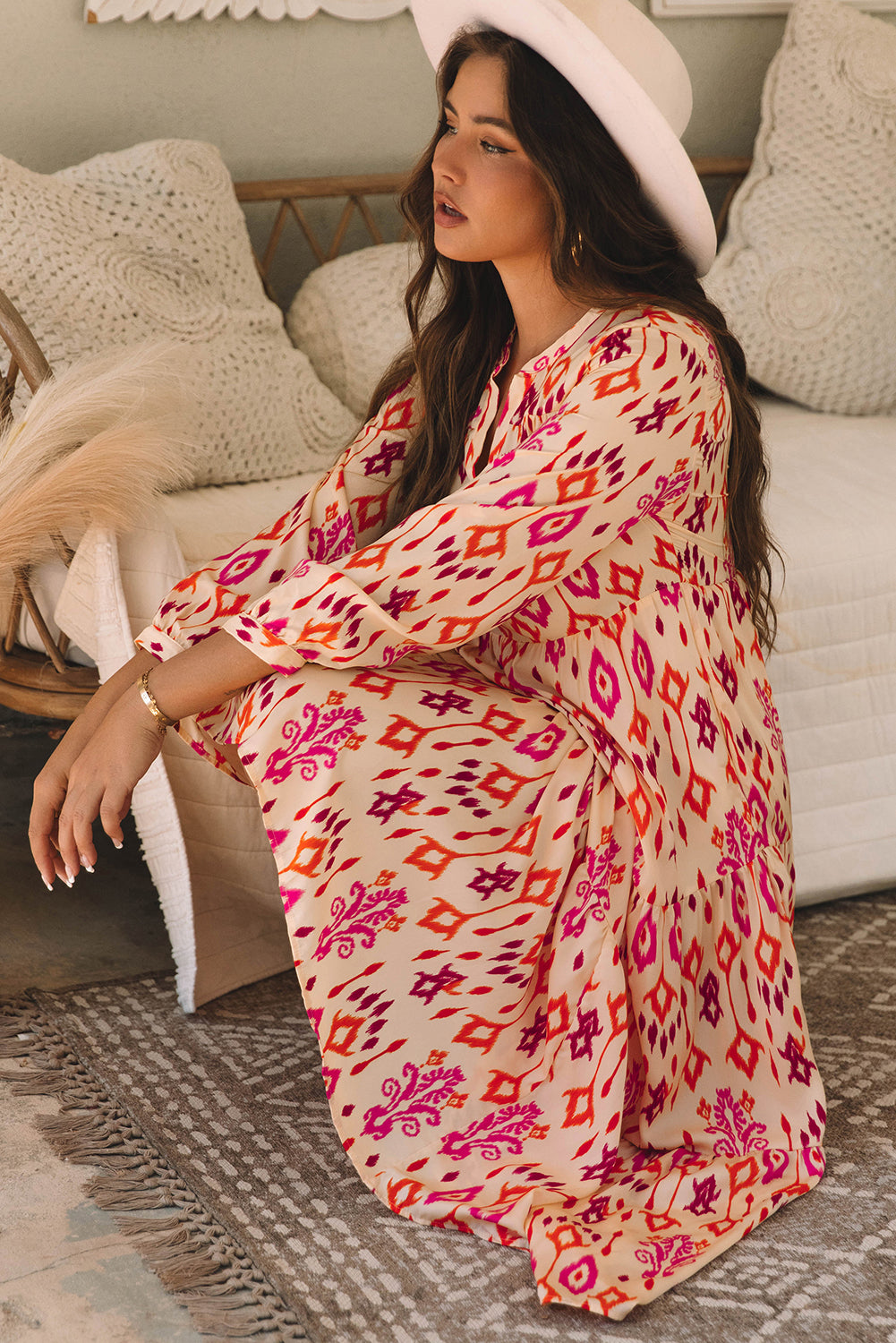 Robe longue orange à imprimé géométrique abstrait western