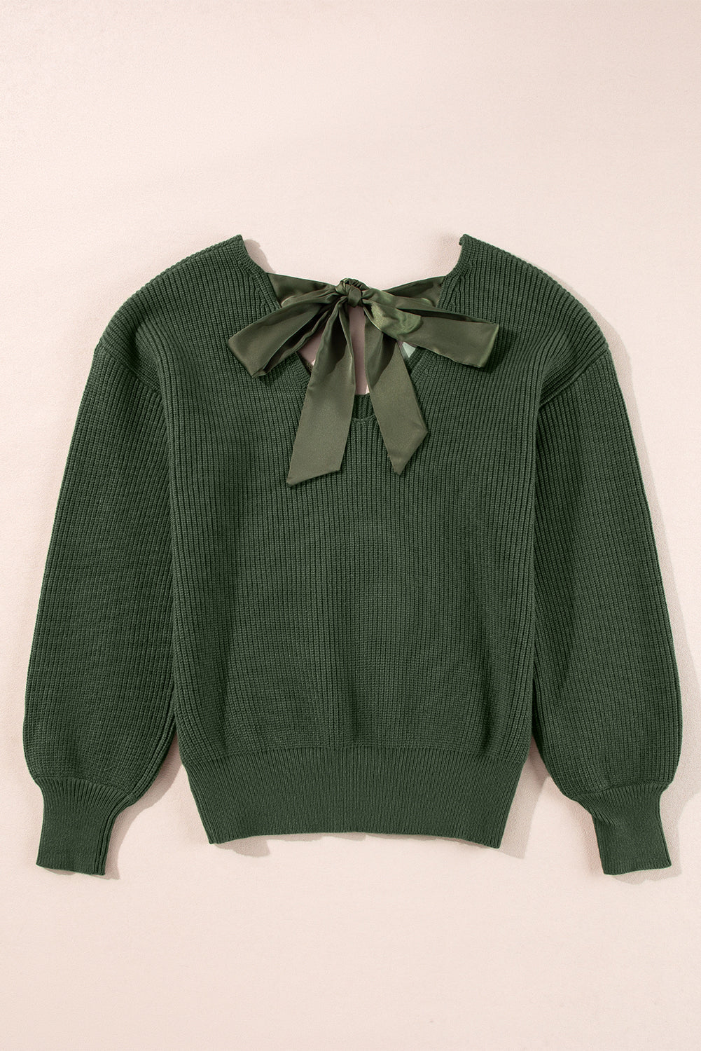 Pull vert jungle à manches lanternes, col en V, nœud au dos