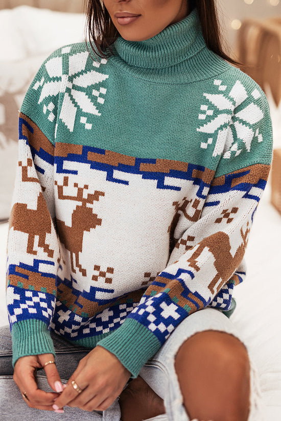 Canton Christmas Reindeer and Snowflake Pattern Colorful Turtleneck Sweater