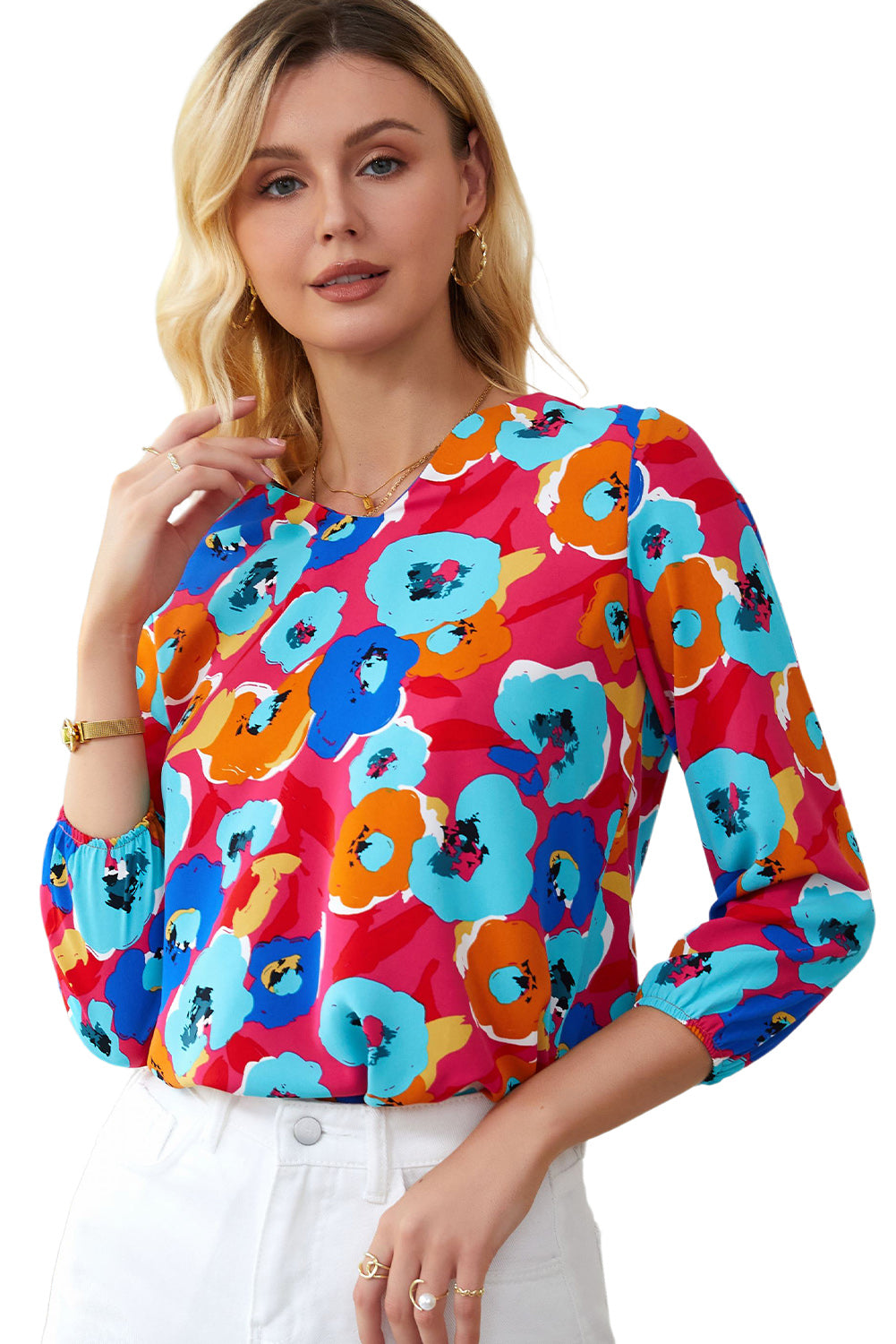 Rose Multicolor Floral Imprime en V Neck 3/4 Blouse à manches