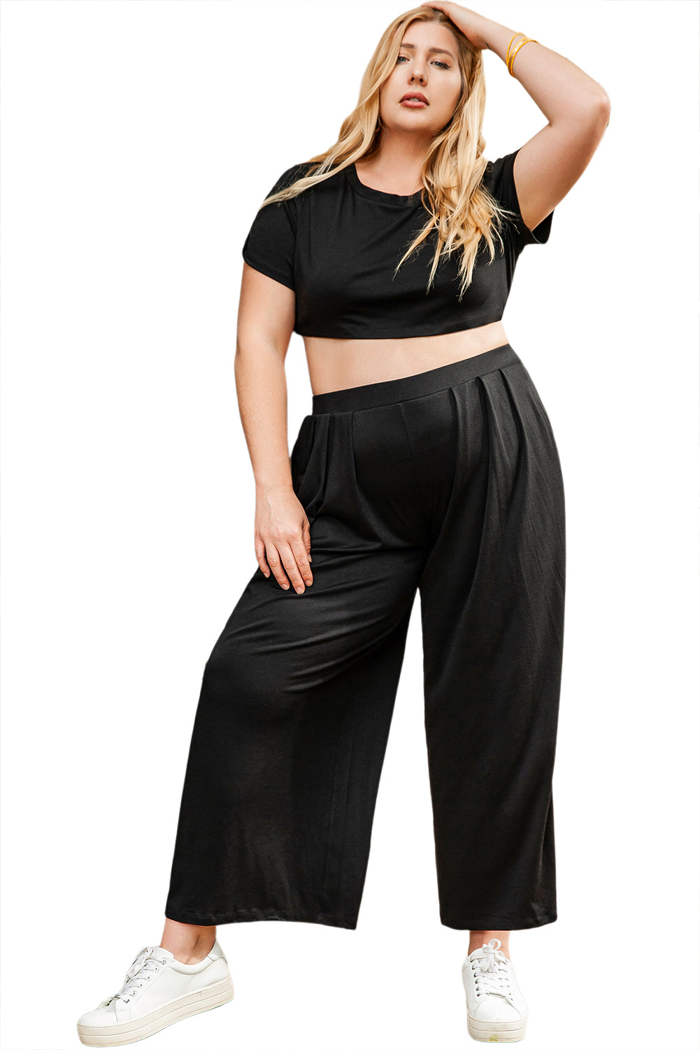 Black Plus Size Crop T-Shirt and Pleated Wide Leg Pants Set