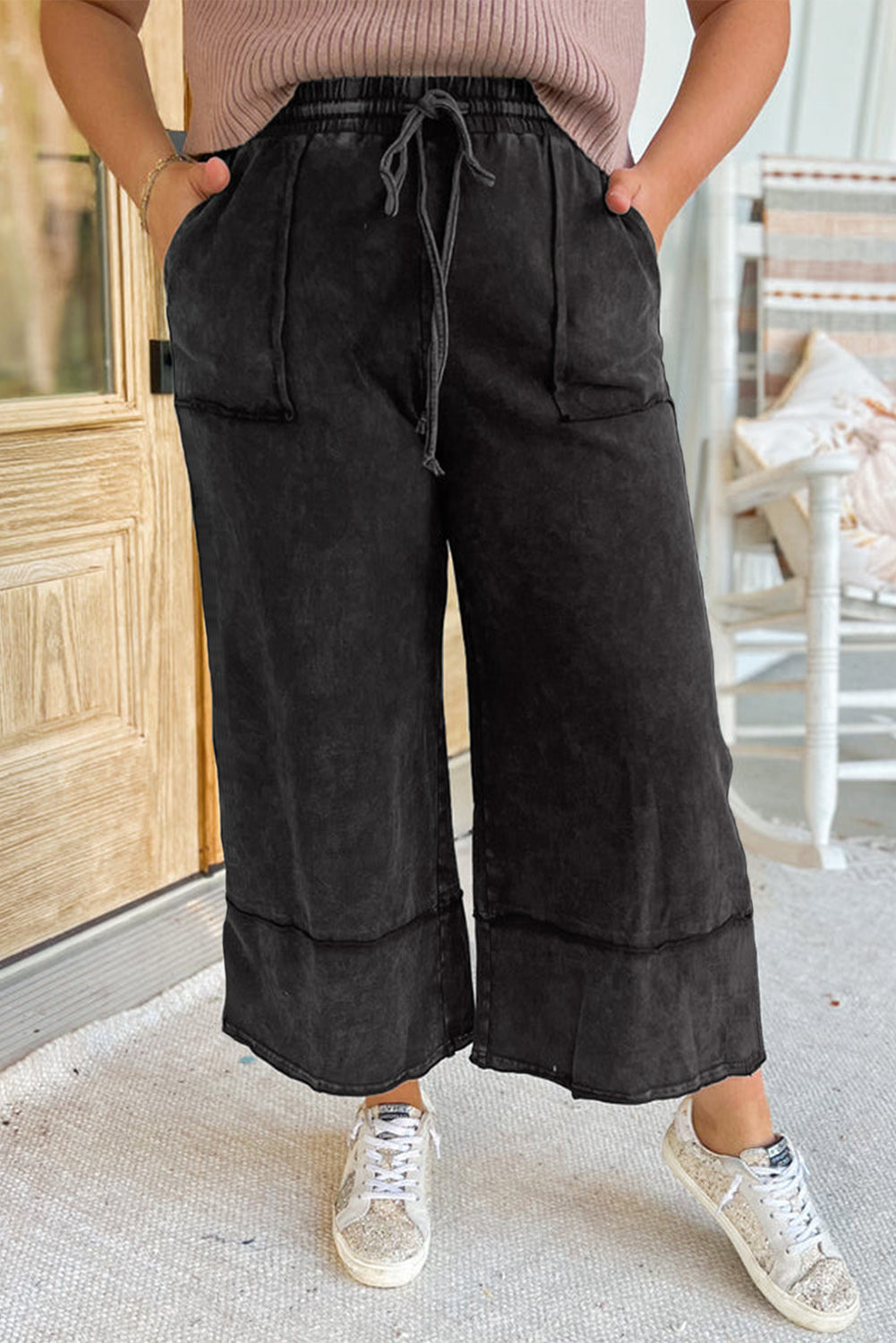 Black Plus Mineral Wash Exposed Seam Wide Gaming Pants