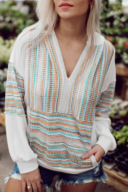 Multicolor Striped Patchwork Knit Hoodie with V-Neck and Drop Shoulders