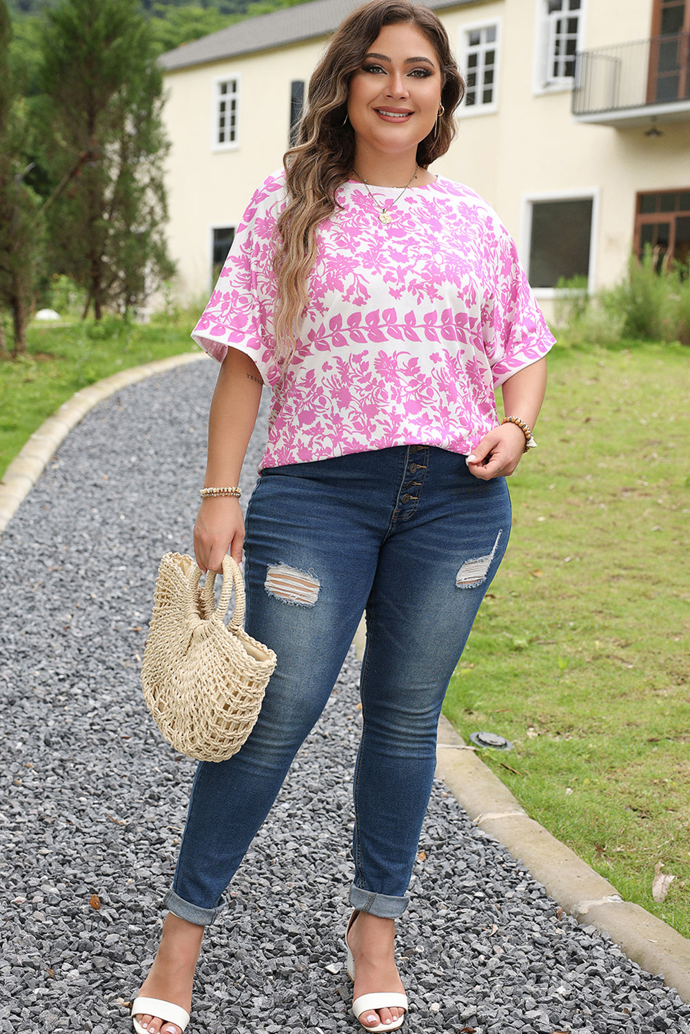 Plus Size White Floral Print Curved Hem T-Shirt