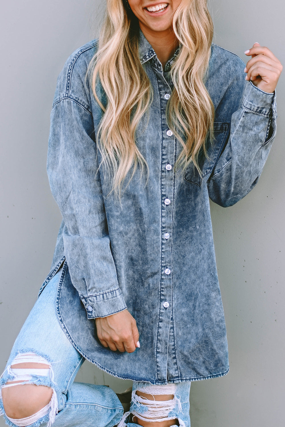 Sky Blue Vintage Washed Pocket Pocket Denim Shirt