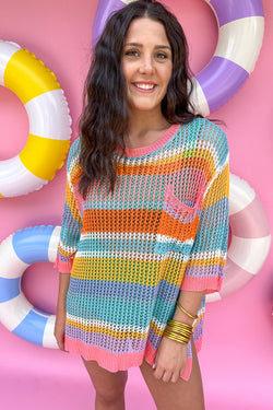 Pull with 3/4 sleeve in openwork hook with pink stripes and color block