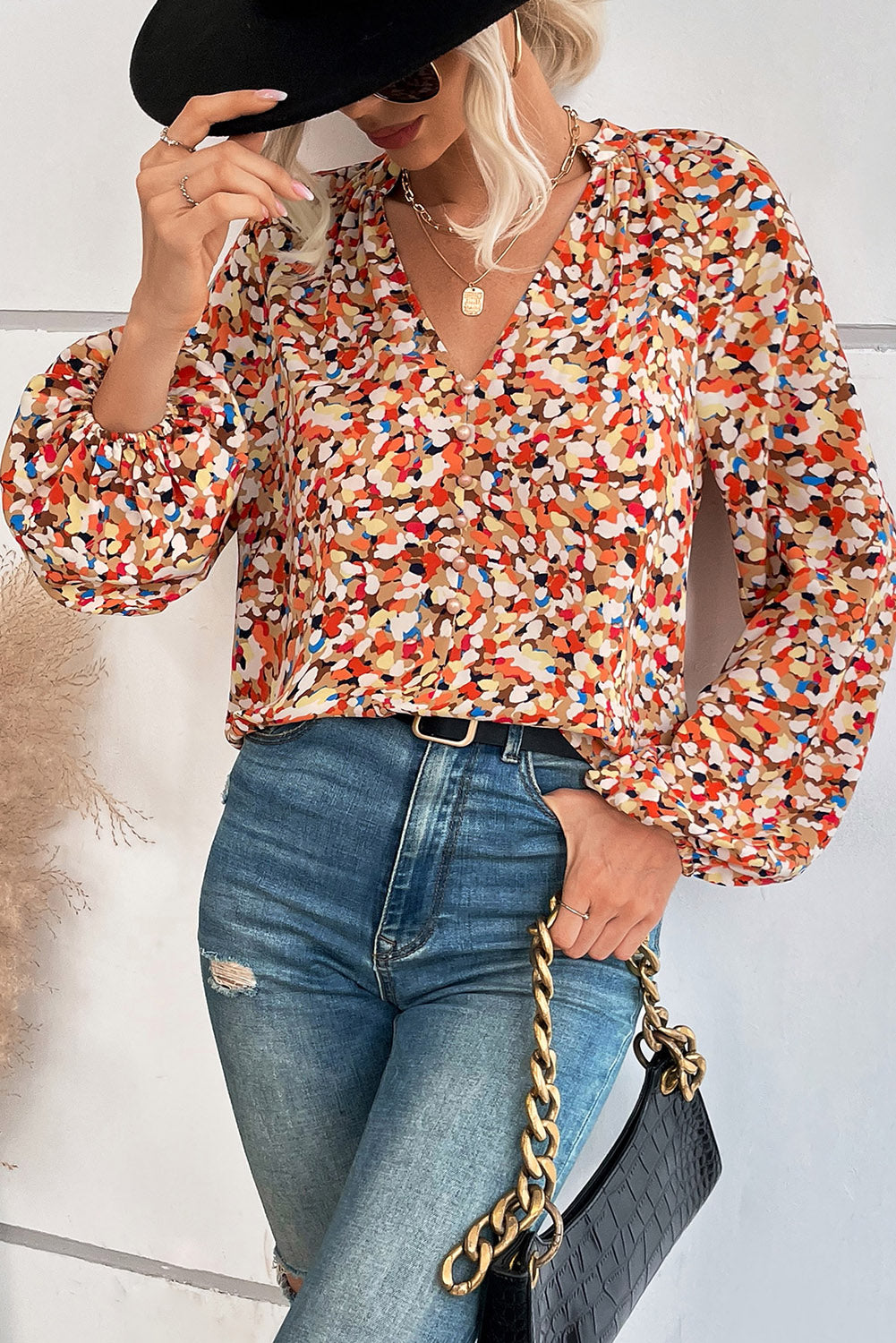 Blouse multicolore à imprimé intégral fendue à col en V et manches évêque