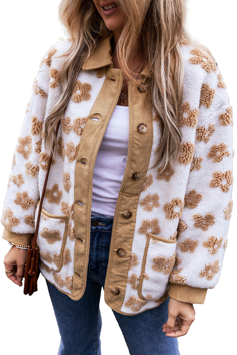 Veste polaire boutonnée à joli motif fleuri beige clair