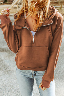 Brown hoodie with kangaroo pocket and quarter-turn zip