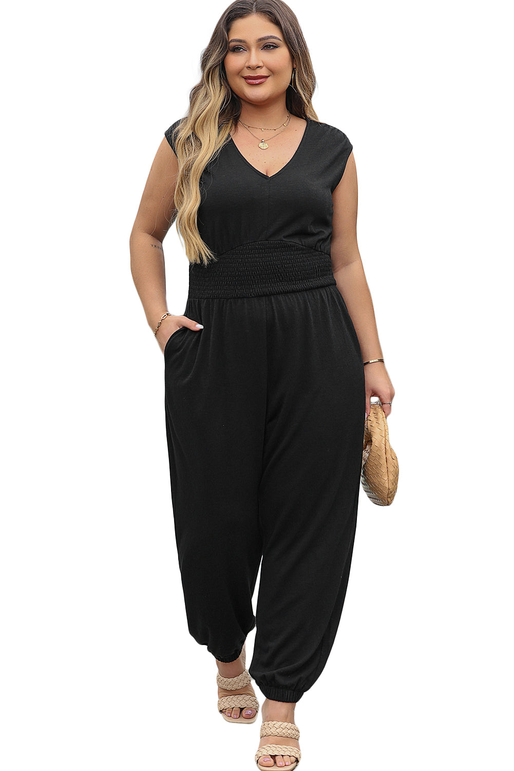 Black Plus Smocked High Waist Sleeveless V Neck tute