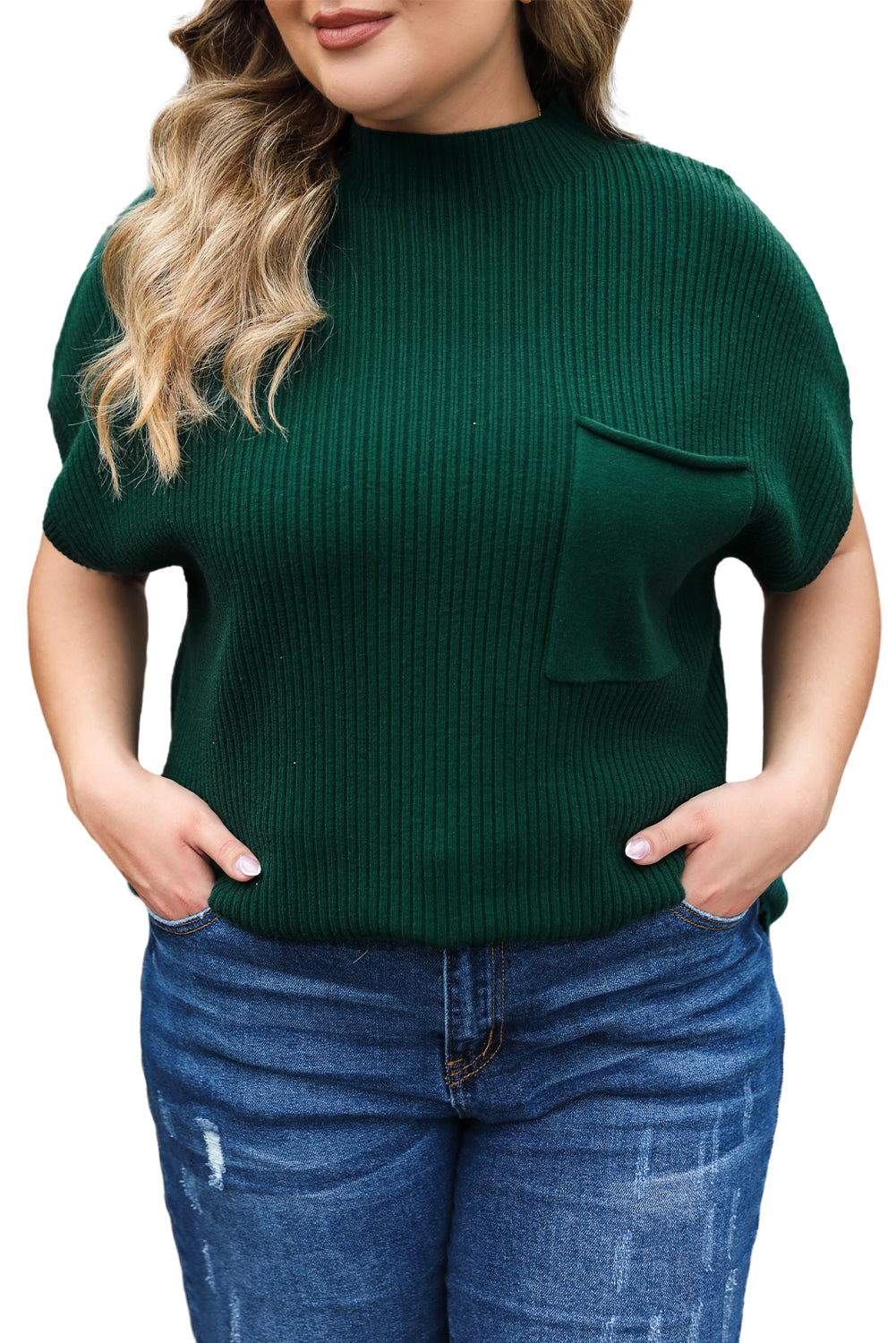 Giungla verde plus size per il petto finto tasca corta maglione