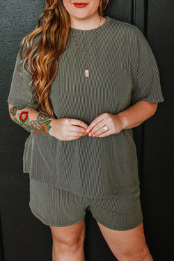 Plus Size Moss Green Ribbed Knit Top and Shorts Set