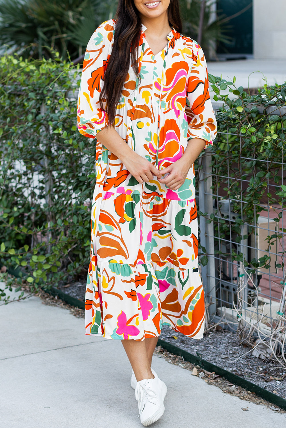 Vestido maxi de estampado de estampado floral naranja V