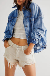 Dark Blue Washed Oversized Denim Jacket with Pockets