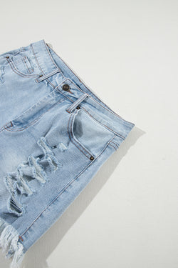 Light Blue Ripped High Waisted Denim Shorts with Raw Hem