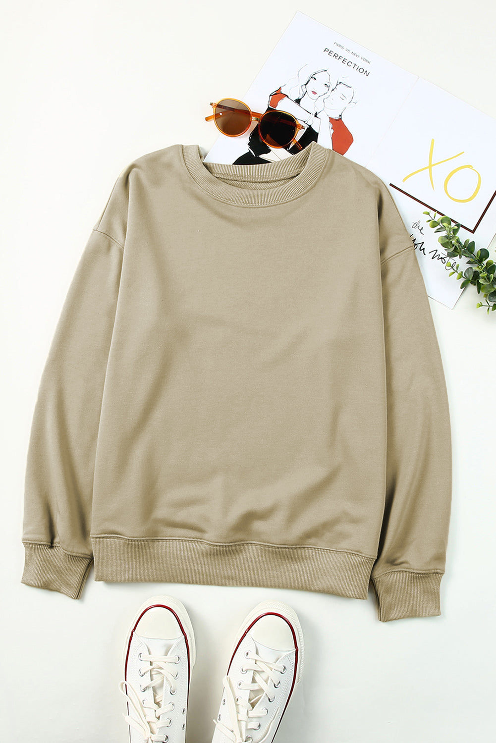 Khaki Plain Crew Neck Pullover Felpa