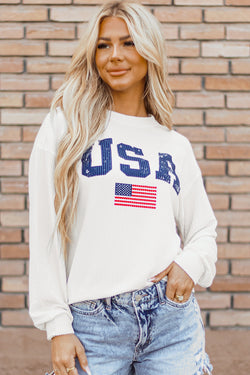 White sweatshirt with US flag motif and drawstring