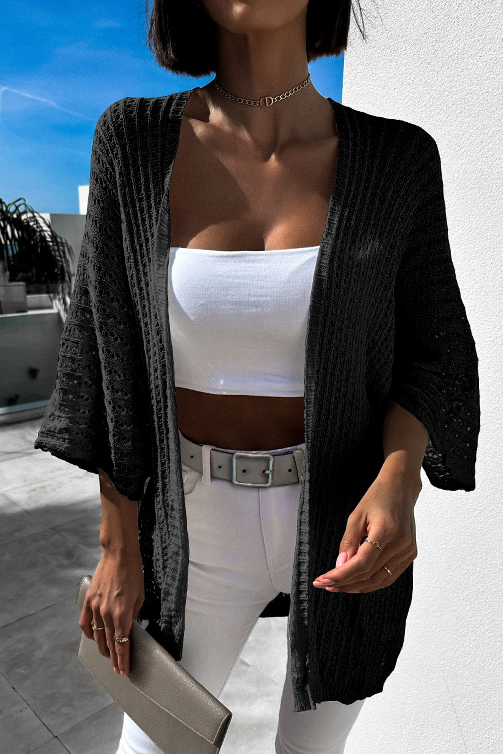 Cardigan léger kimono noir en tricot ajouré