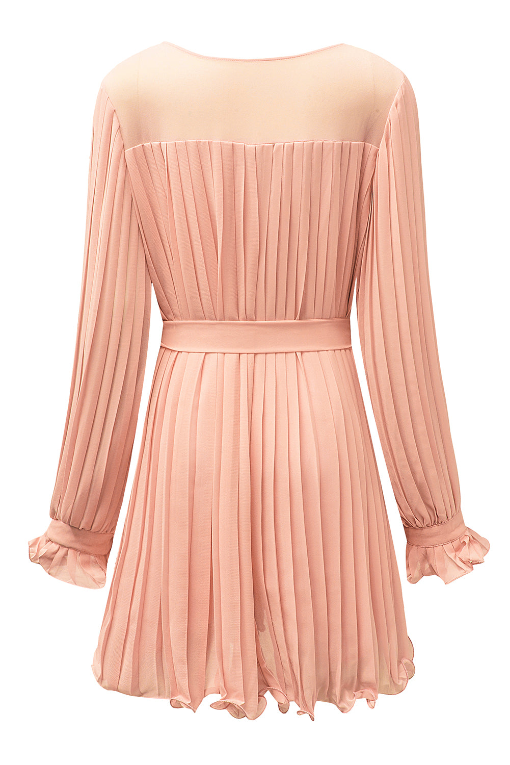 Pink pleated romper with ruffles and buttons at the waist, V-neck