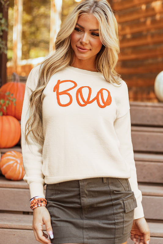 Apricot Boo Knit Pattern Drop Shoulder Ribbed Sweater